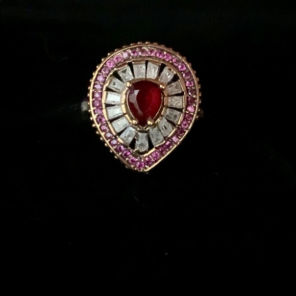 Teardrop Ruby Topaz & Crystal Baguettes Oval Cocktail Accent Ring Size 8 - Picture 4 of 11